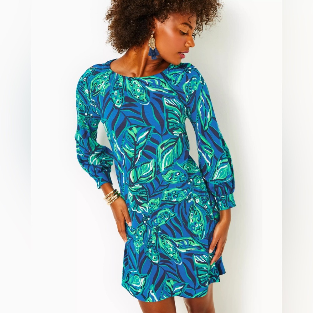 Lilly Pulitzer Elianna 3/4 Sleeve Cotton Dress Indigo Breeze Shady Gators Size M
